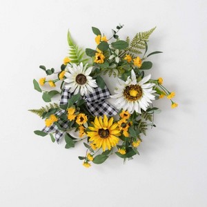 Sullivans Artificial Sunflower Gingham Wreath - 1 of 4