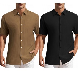 INSPIRE CHIC Men's Summer Point Collar Short Sleeves Button Down Linen Shirts 2 Packs - 1 of 4