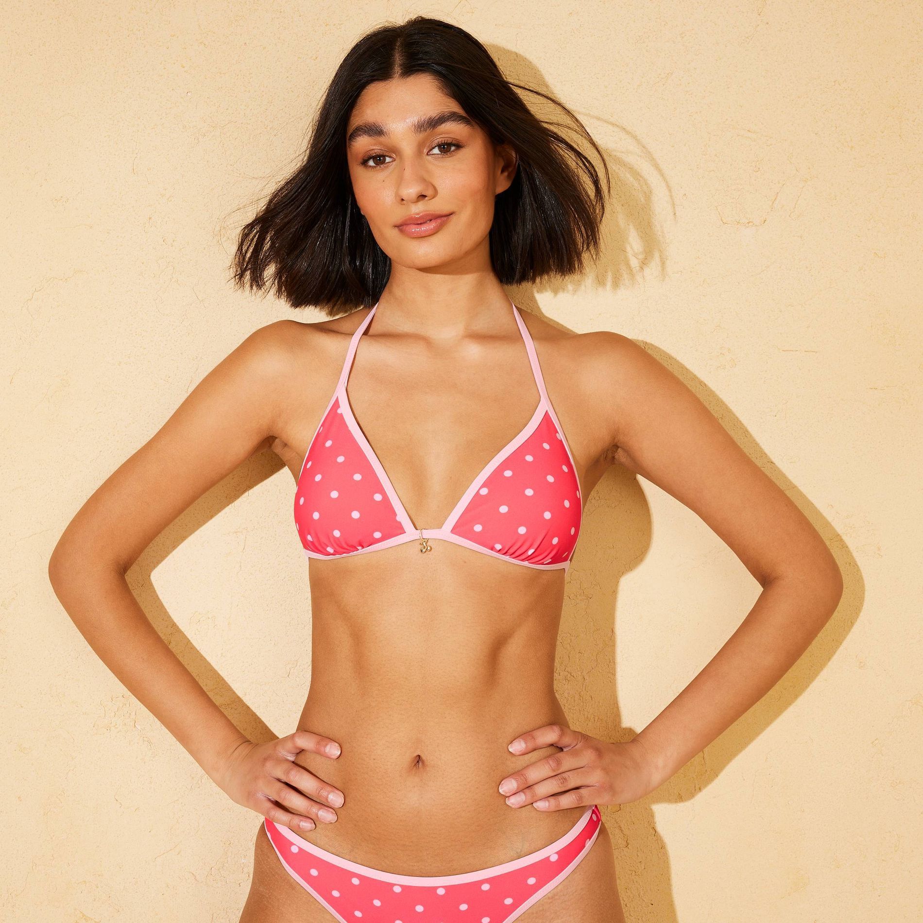 Demetra Dias with Wild Fable Women's Contrast Binding Cherry Charm Medium Coverage Reversible Polka Dot Print Bikini Top - Red/Pink