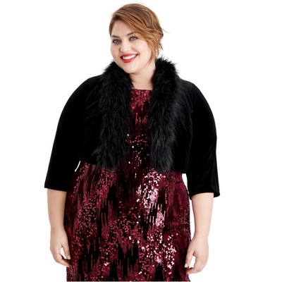 Jessica Howard Womens Faux-Fur Trim Cropped Shrug Jacket, Black, 2X