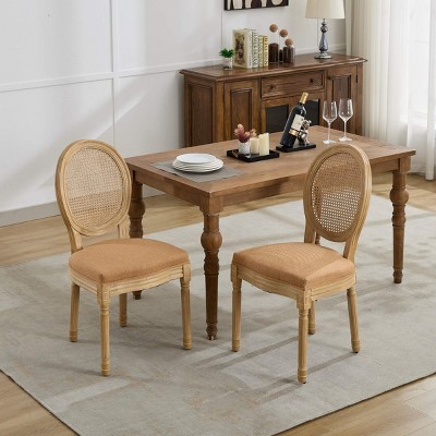 French Country Rattan Back Upholstered Dining Chairs Set of 2,Solid Wood Side Chairs with Linen Seat,Antique Finish–Maison Boucle