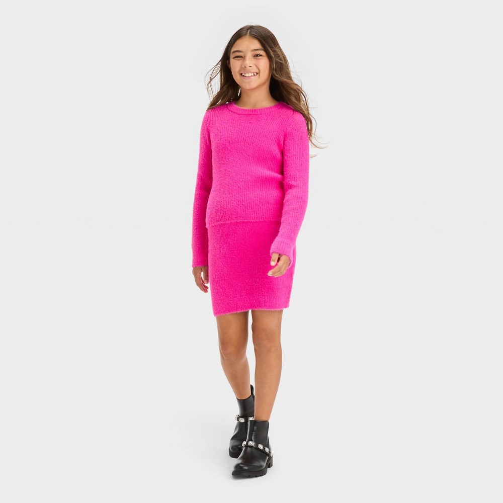 Girls' Fuzzy Ribbed Crewneck Sweater - art class™ Pink L