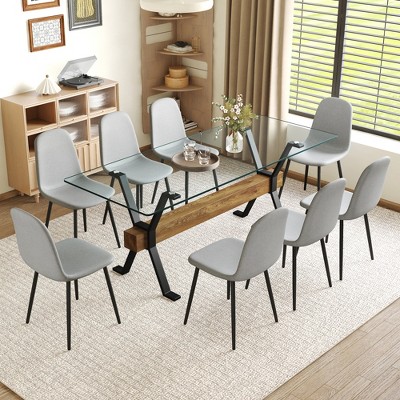9-Piece Dining Set with Glass Table and 8 Armless Chairs