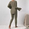 Clotth Women's Solid Color Ribbed Knit Set - Off Shoulder Long Sleeve Top and Leggings with Belt, Casual Loungewear, Green - 2 of 4