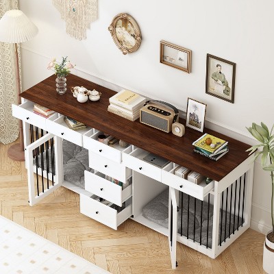 Famapy Large Dog Crate Furniture with Drawers Multifunctional Furniture Style Pet Crate White