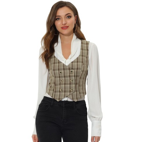 Allegra K Women's Plaid Vintage Steampunk Waistcoat Suit Vest Brown ...