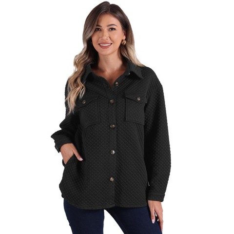 Allegra K Women's Pockets Loose Button Down Long Sleeve Casual Collar Shirt Jacket Black X-Small