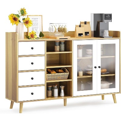 Farmhouse Style Sideboard Buffet Cabinet with Open Shelves and 4 Drawers, 55.11-Inch Large Storage Unit with Glass Doors and Adjustable Shelves