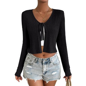 BLUEMING Summer Cardigan Sweaters for Women Cropped Lightweight Front Tie Cardigan with Eyelet Knit Rib Texture Caridigan - 1 of 4