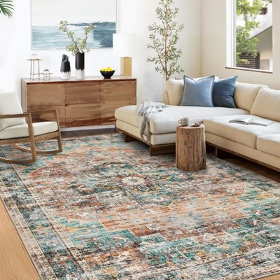 GAOMON Washable Area Rugs for Living Room Vintage Medallion Bedroom Rug Boho Distressed Non Slip Low Pile Carpet