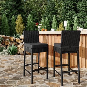 Patio Wicker Barstools With Cushions, Outdoor Wicker Bar Stools Set of 2, Outdoor Rattan Bar Height Stool Set Armless for Backyard, Poolside - 1 of 4
