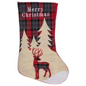 Northlight 19" Green and Red Plaid Reindeer With Forest Trees Christmas Stocking - 1 of 4