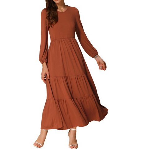 Женские платья INSPIRE CHIC Women's Tiered Crewneck Long Sleeve Maxi Casual A-Line Dress with Pockets Orange Medium