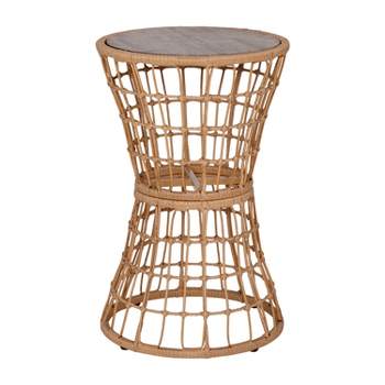 Emma and Oliver All-Weather Natural Faux Rattan Rope Patio Table with Natural Acacia Wood Top for Indoor and Outdoor Use