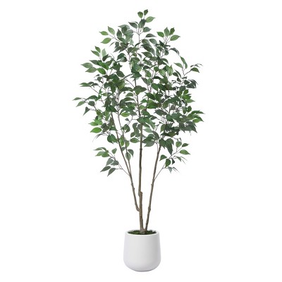 DR.Planzen 5-7FT Artiicial Ficus Tree with Round White Planter, Pre Potted Faux Plant for Indoor Home Decor