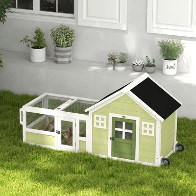 Green and White Wooden Outdoor Rabbit Hutch with Asphalt Roof
