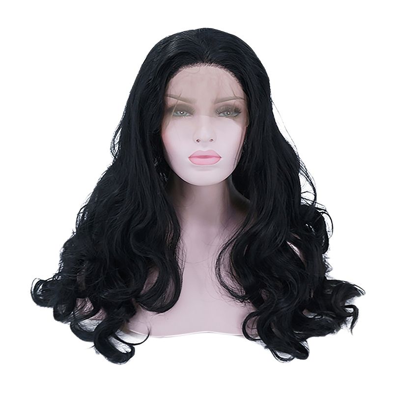 Unique Bargains Long Body Wave Lace Front Wigs Women's with Wig Cap Comb 24" Black 1PC Synthetic Fibre, 1 of 6