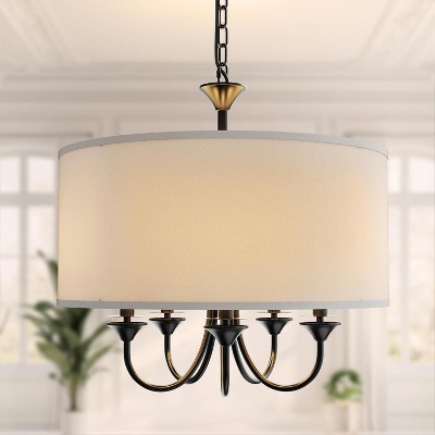 YANSUN 20 in. 5-Light Black Candle Style Empire Chandelier with Fabric Shades for Home Lighting Black