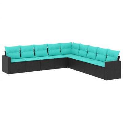 vidaXL 9 Piece Patio Sofa Set with Cushions Black and Blue Poly Rattan - Without Table