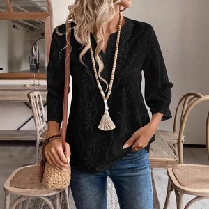 Women's Loose - Fit V - Neck Embroidered Top, 3/4 - Sleeve Lace - Detailed Shirt - 1 of 4
