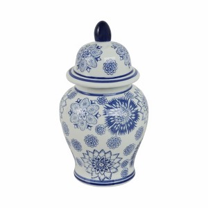 Sagebrook Home 10" Temple Jar - White and Blue Vintage Floral Design - Contemporary Glam Ceramic Temple Jar For Indoor - 1 of 4