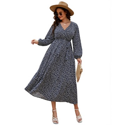 Clearlove Women's Plus Size V-Neck Long Sleeves A-Line Pleated Floor Length Formal Dress