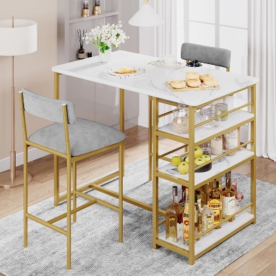 Garvee 2-Person Bar Table Set - 3-Shelf Dining Table with 2 Upholstered Stools, Backrest Chairs for Restaurants, Bistros & Homes, Gold