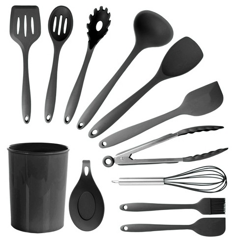 NutriChef 10 Pcs. Silicone Heat Resistant Kitchen Cooking Utensils Set -  Non-Stick Baking Tools with PP Holder (Gray & Black)