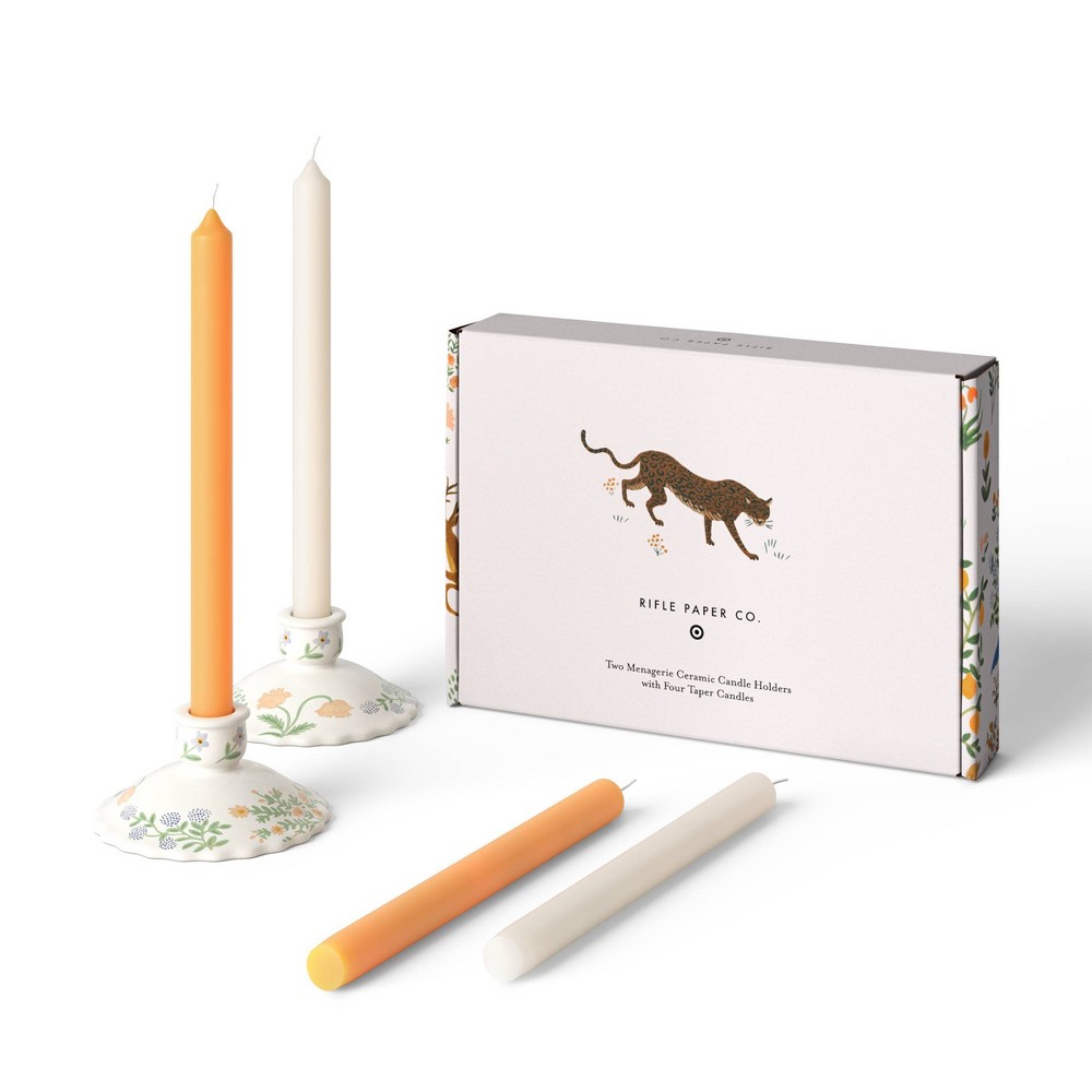 Rifle Paper Co. x Target Set of 4 Menagerie Taper Candles with Set of 2 Candlestick Holders: Ceramic, Multicolored, Tabletop Decor