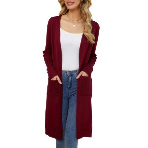 Women's Long Open Front Cardigan with Pockets - Lightweight Knit Duster with Side Slits - 1 of 4