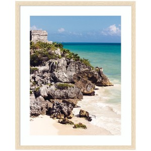 Kate and Laurel Framed Art Tulum Ruins Mexico Seascape by Stephanie Klatt, 34x42, Woodgrain Stripe Blonde - 1 of 4