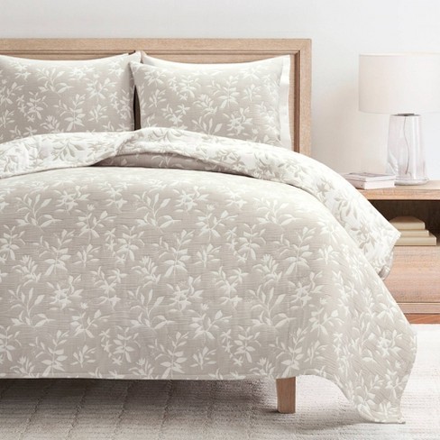 Lush Décor 3pc Floral Jacquard Reversible Soft Matelasse Quilt Set Neutral - image 1 of 4