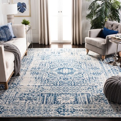 Ivory and Blue High Pile Synthetic Reversible Area Rug