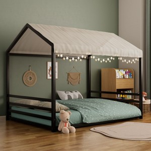 GDFStudio Jeremy Full Size Metal Floor Bed Frame with House Shape and Guardrails - 1 of 4
