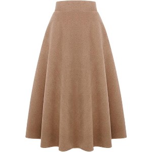 Women's Plaid Wool Skirt - Elastic Waist A-Line Pleated Tartan Long Skirt Long Pure Camel - 1 of 4