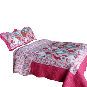 Slickblue Full/Queen Rose Floral Cotton Quilt Set — 3PC Vermicelli Quilted Bedspread and Shams - 1 of 4