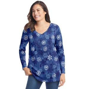 Woman Within Perfect Printed Long-Sleeve V-Neck Tee - 1 of 4