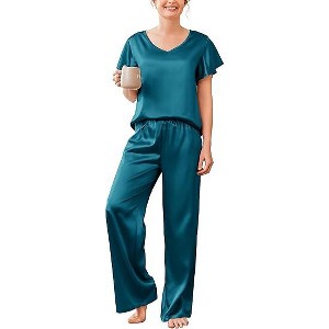 Ekouaer Women's Satin Silky Pajama Set 2 Piece Short Sleeve Shirt with Long Pants Pjs Sets Soft PJ Loungewear - 1 of 4