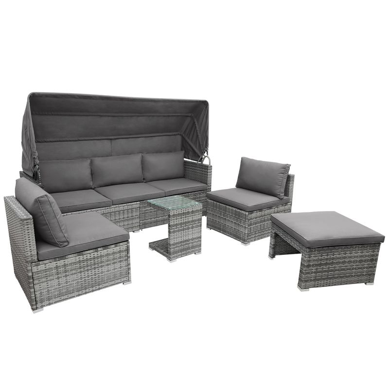 5 PCS Outdoor Sectional Rattan Daybed Sofa Set, Patio PE Wicker Conversation Furniture Set with Canopy and Tempered Glass Side Table, Gray-ModernLuxe, 5 of 13