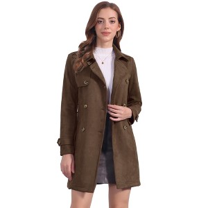 Allegra K Women's Notched Lapel Double Breasted Faux Suede Trench Coat with Belt - 1 of 4