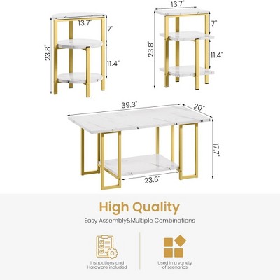 Hooseng 3 Pieces Coffee Table Set, Living Room Coffee Table with 2 End Side Tables Set and Metal Frame, Living Room Table Set