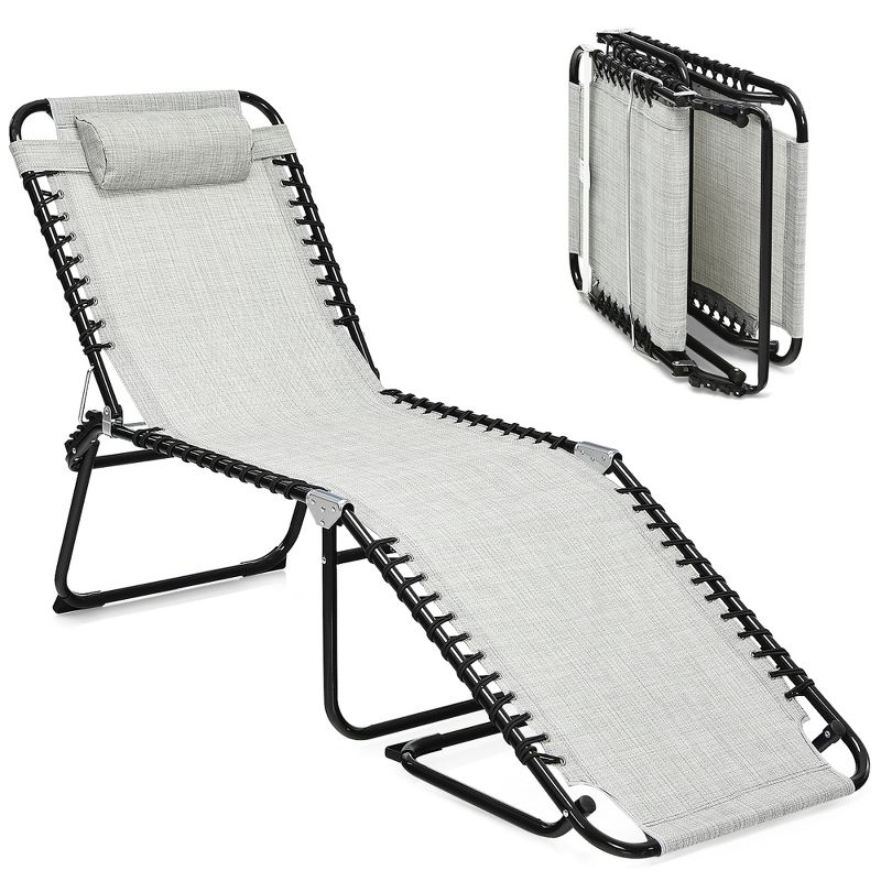 Costway Folding Beach Lounge Chair Heightening Design Patio Lounger w/ Pillow Black\Grey, 4 of 11
