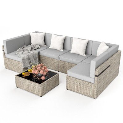 Pamapic 7-Piece Wicker Outdoor Sectional Set with Coffee Table and Cushions