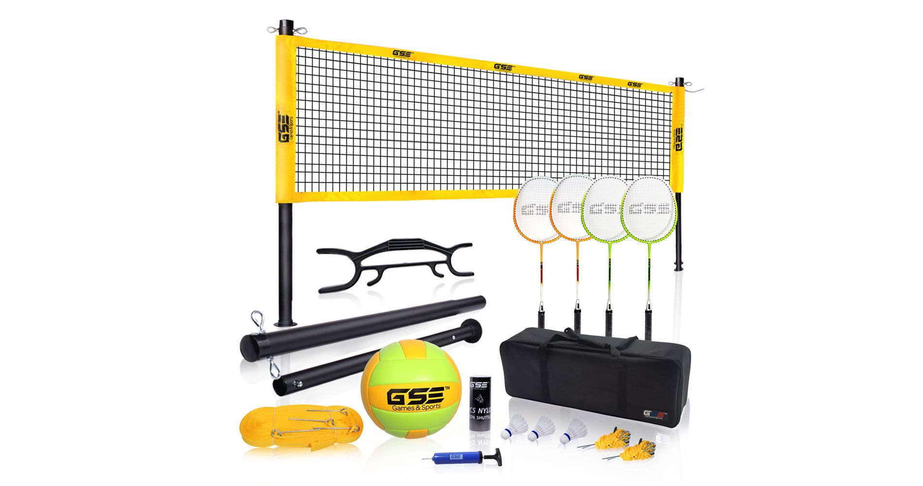 GSE Professional Badminton/Volleyball Combo Set with Net, Volleyball with Pump, 4 Badminton Rackets, 3 Shuttlecocks & Carrying Bag