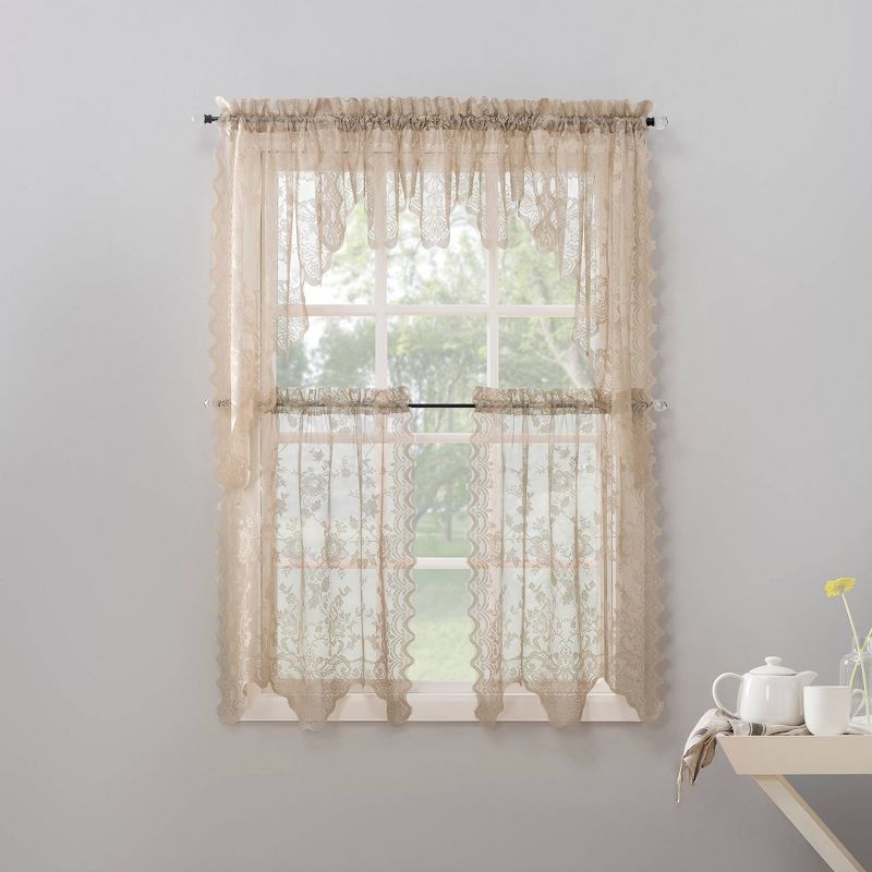Set of 2 (36&#34;x58&#34;) Alison Floral Lace Sheer Rod Pocket Kitchen Curtain Tier Beige - No. 918, 5 of 8