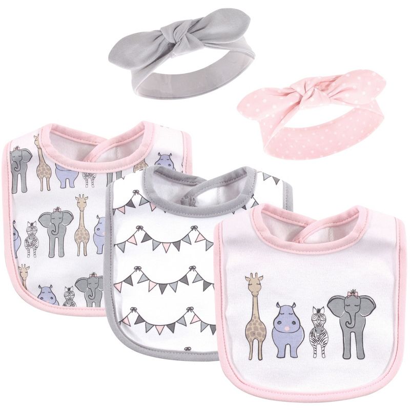 Hudson Baby Infant Girl Cotton Bib and Headband Set 5pk, Pink Safari, One Size, 1 of 8