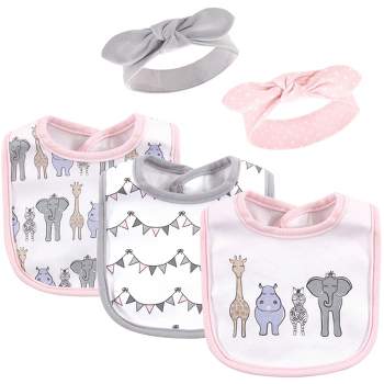 Hudson Baby Infant Girl Cotton Bib and Headband Set 5pk, Pink Safari, One Size