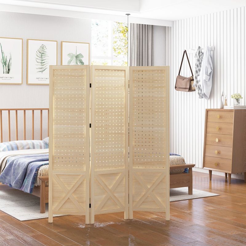 3 Panel Pegboard Display Room Divider,4.7" Tall Wood Indoor Portable Folding Privacy Screen,Partition Wall Divider-The Pop Home, 2 of 9