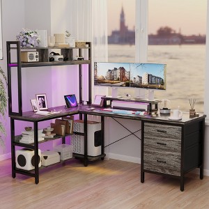 Besiost 60"L Shaped Computer Desk with Hutch, Power Outlets, LED Lights & Storage Drawers - 1 of 2