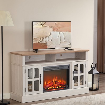 58" Fireplace TV Stand for TVs up to 70", Entertainment Center with 23" Electric Fireplace, Media Console with Storage and Glass Doors